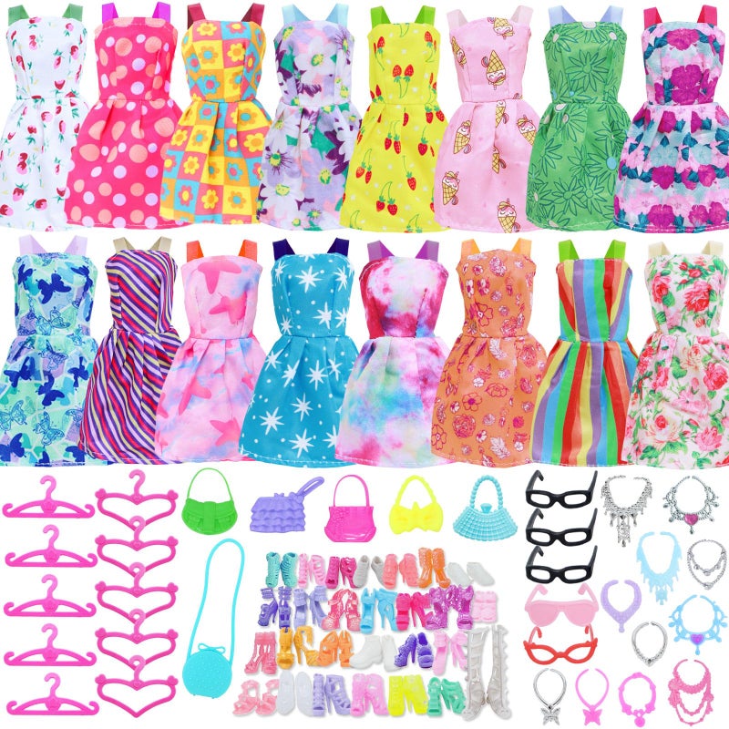 BJDBUS 42 pcs Doll Clothes and Accessories Including 10 pcs Fashion Mini Dresses 32 pcs Shoes, Glasses, Necklaces, Handbag, Hangers Accessories for 11.5 Inch Girl Doll - Image 1